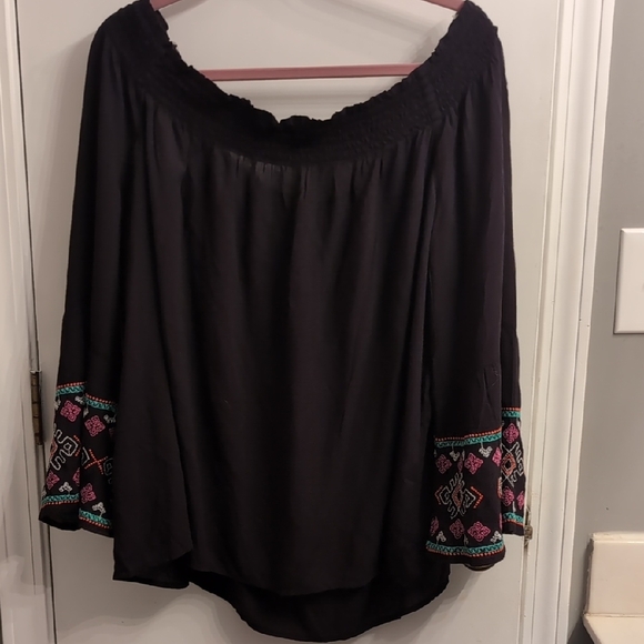 Wrangler Off-Shoulder Black Blouse with Aztec Embroidery Boho Flowy Plus XXL - Picture 6 of 6